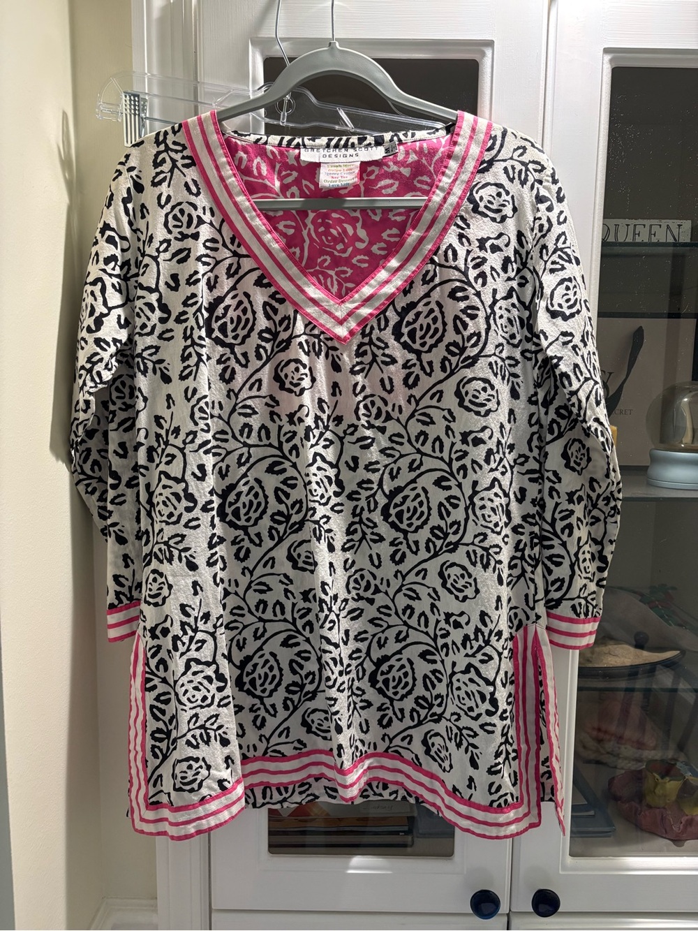 Gretchen Scott Designs Black & White Floral V-Neck Top with Pink Trim